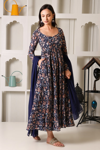 Purple Floral Print Georgette Suit Set