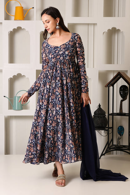 Purple Floral Print Georgette Suit Set