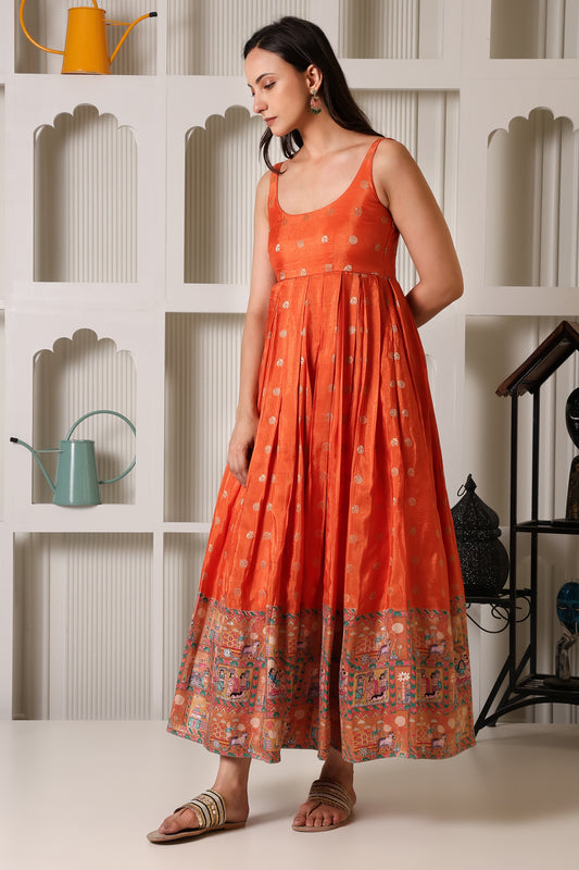 Sunset Orange Fit & Flare Ethnic Dress