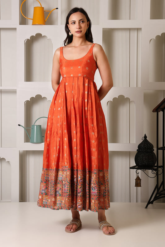 Sunset Orange Fit & Flare Ethnic Dress