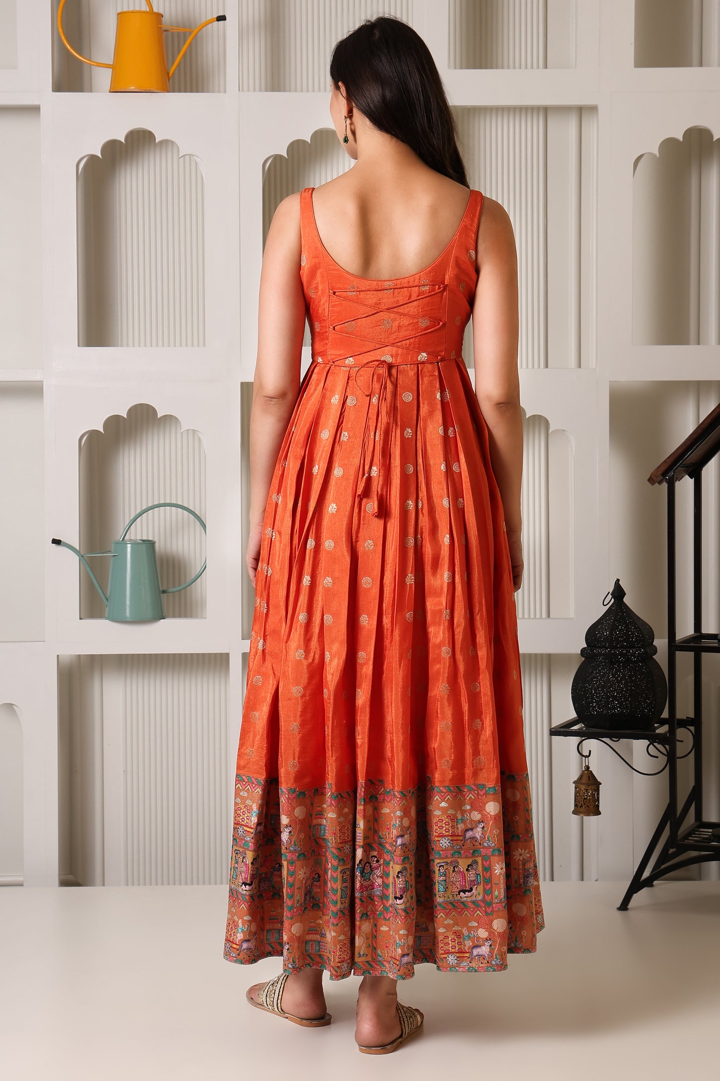 Sunset Orange Fit & Flare Ethnic Dress