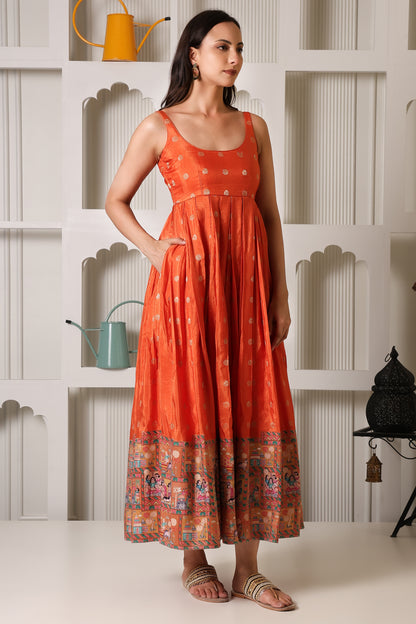 Sunset Orange Fit & Flare Ethnic Dress
