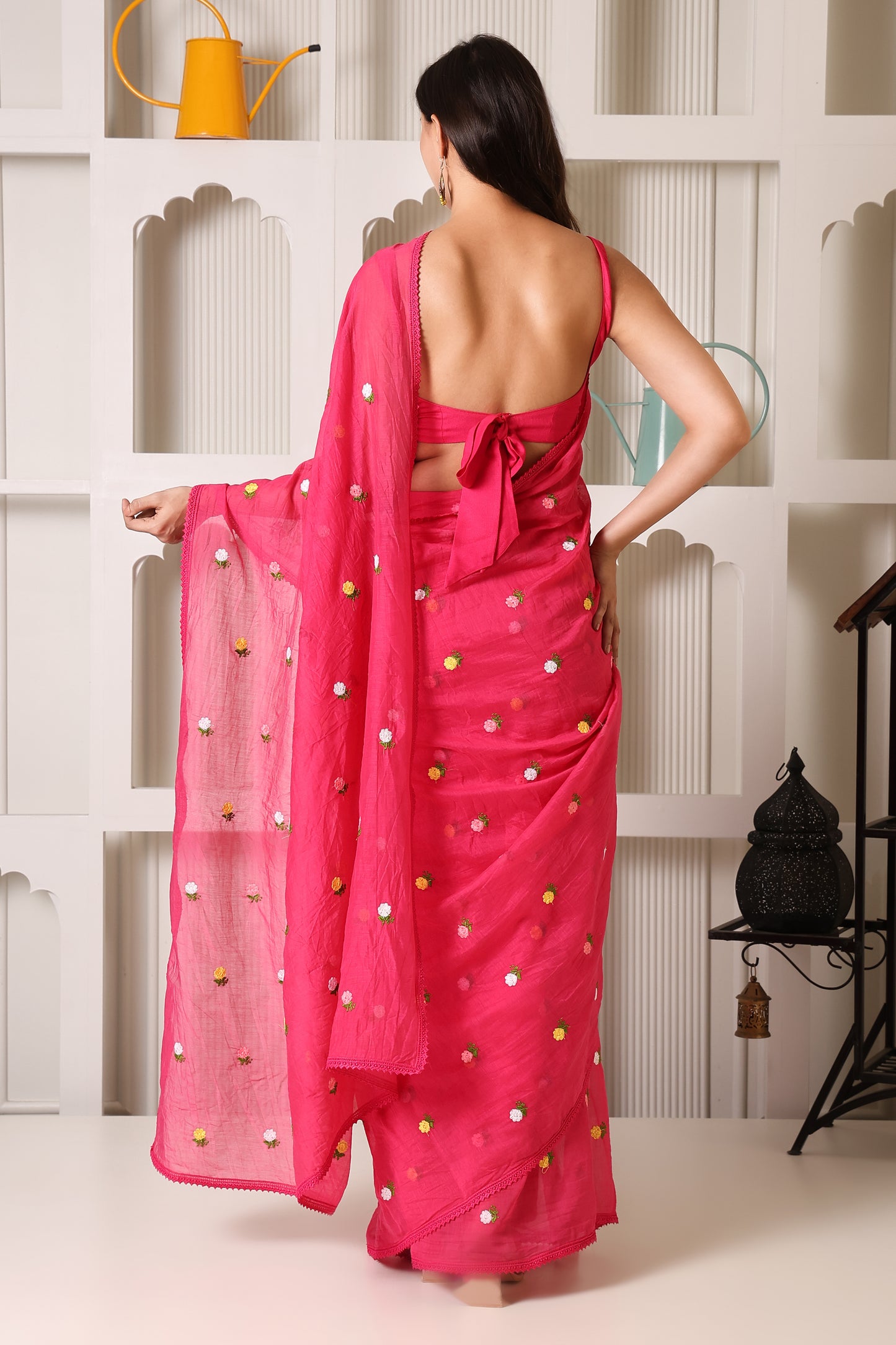 Rani Pink Mul Chanderi Pre-Stitched Saree With Pocket