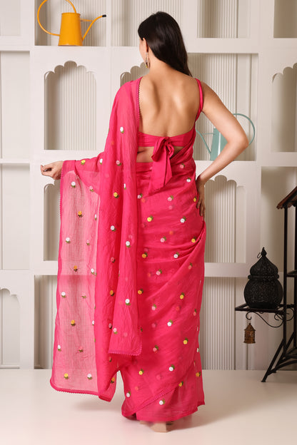 Rani Pink Mul Chanderi Pre-Stitched Saree With Pocket