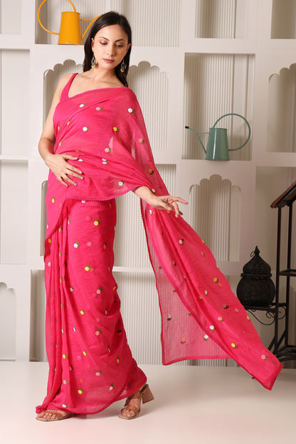 Rani Pink Mul Chanderi Pre-Stitched Saree With Pocket