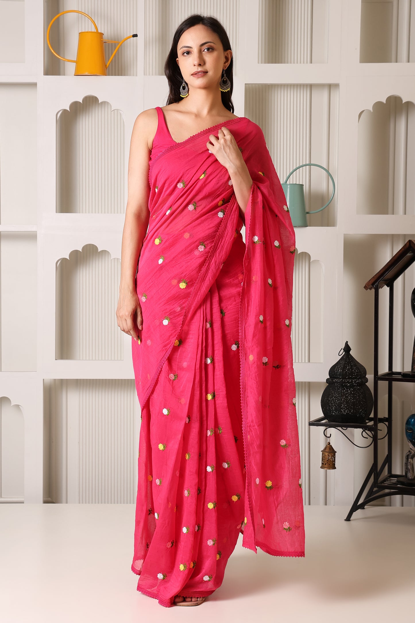 Rani Pink Mul Chanderi Pre-Stitched Saree With Pocket