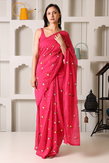 Rani Pink Mul Chanderi Pre-Stitched Saree With Pocket