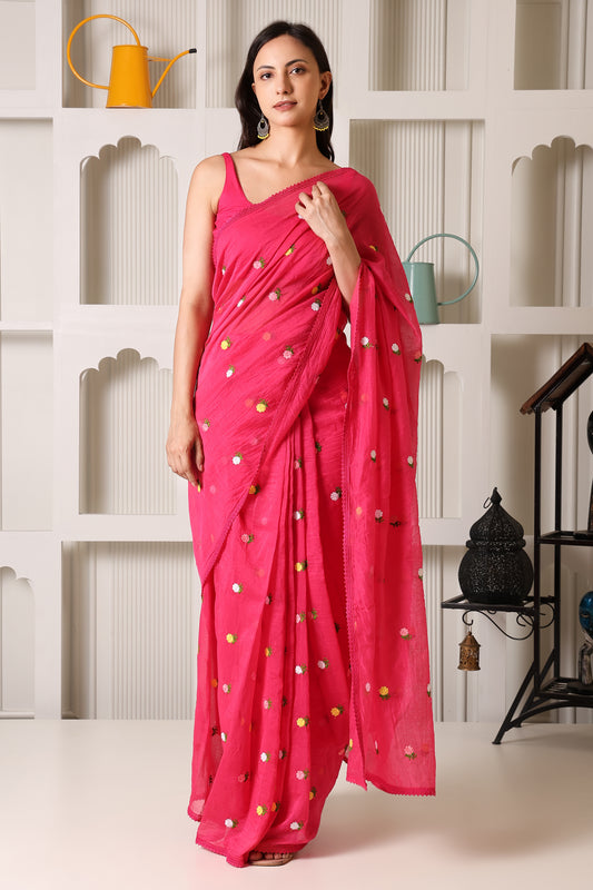 Rani Pink Mul Chanderi Pre-Stitched Saree With Pocket