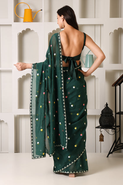 Bottle Green Mul Chanderi Pre-Stitched Saree With Pocket