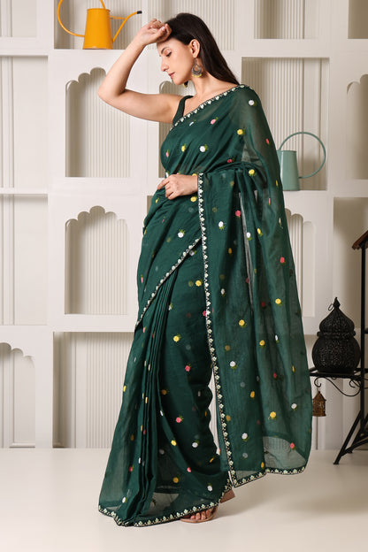 Bottle Green Mul Chanderi Pre-Stitched Saree With Pocket