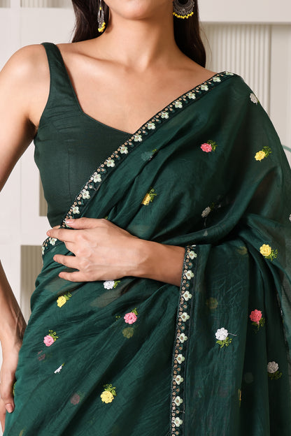Bottle Green Mul Chanderi Pre-Stitched Saree With Pocket