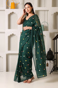 Bottle Green Mul Chanderi Pre-Stitched Saree With Crochet Lace
