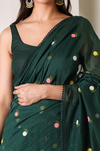 Bottle Green Mul Chanderi Pre-Stitched Saree With Pocket