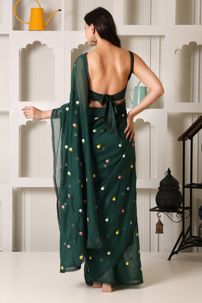 Bottle Green Mul Chanderi Pre-Stitched Saree With Pocket