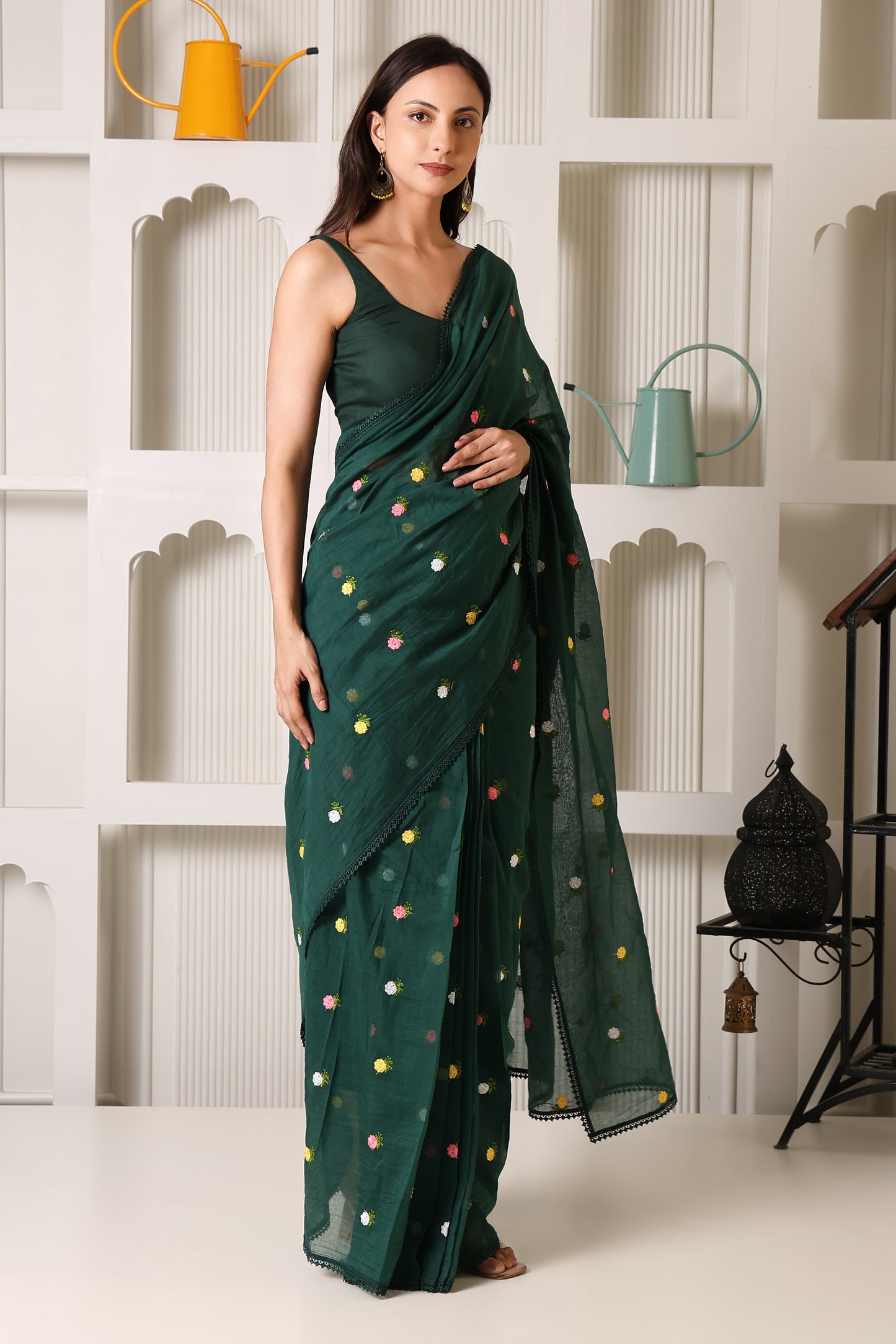 Bottle Green Mul Chanderi Pre-Stitched Saree With Pocket