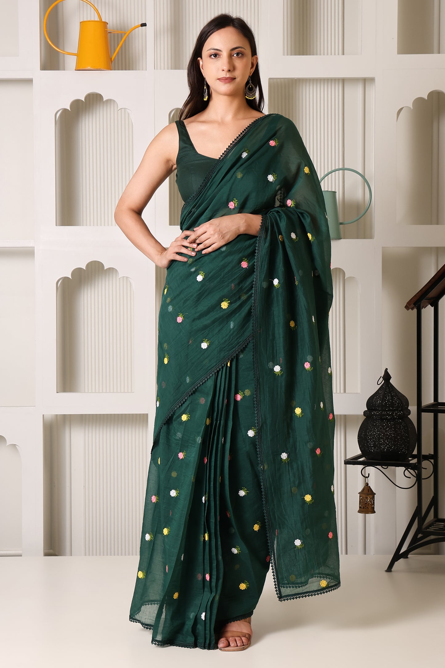 Bottle Green Mul Chanderi Pre-Stitched Saree With Pocket