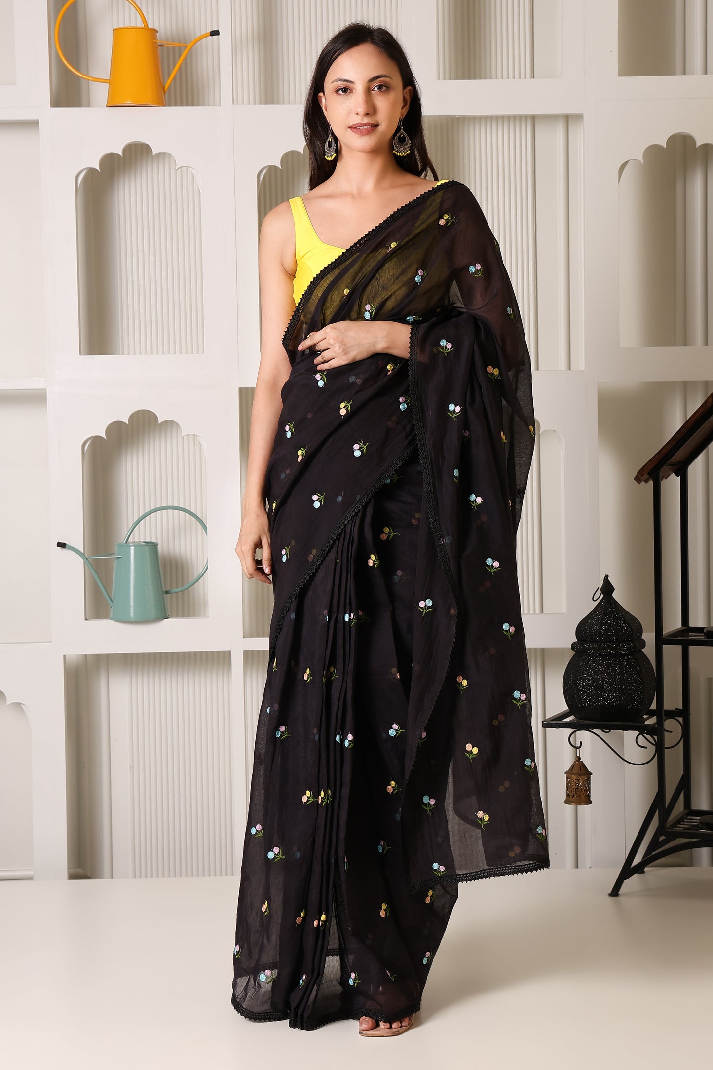 Black Mul Chanderi Pre-Stitched Saree With Pocket