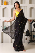 Black Mul Chanderi Pre-Stitched Saree With Crochet Lace