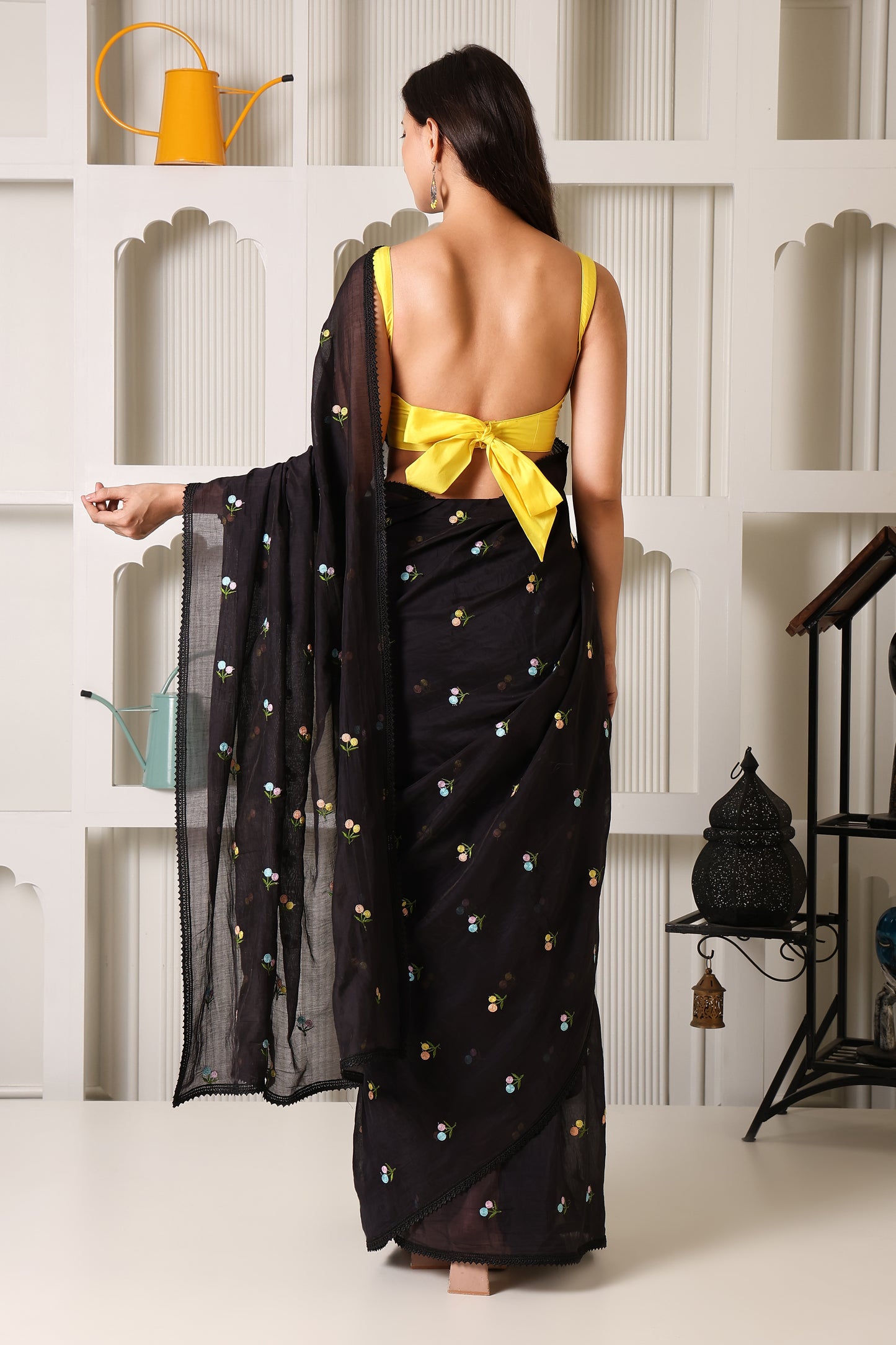 Black Mul Chanderi Pre-Stitched Saree With Pocket