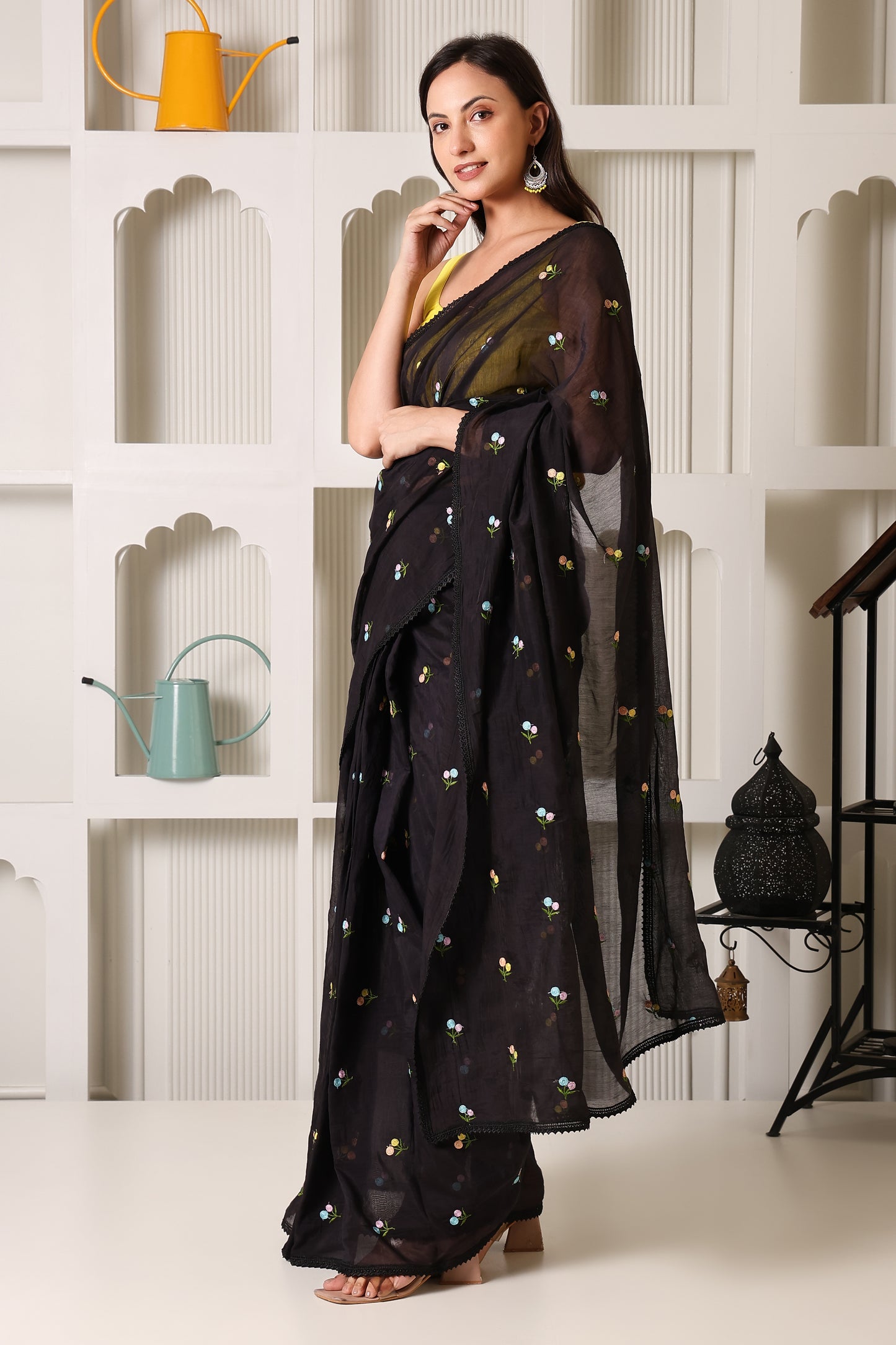 Black Mul Chanderi Pre-Stitched Saree With Pocket