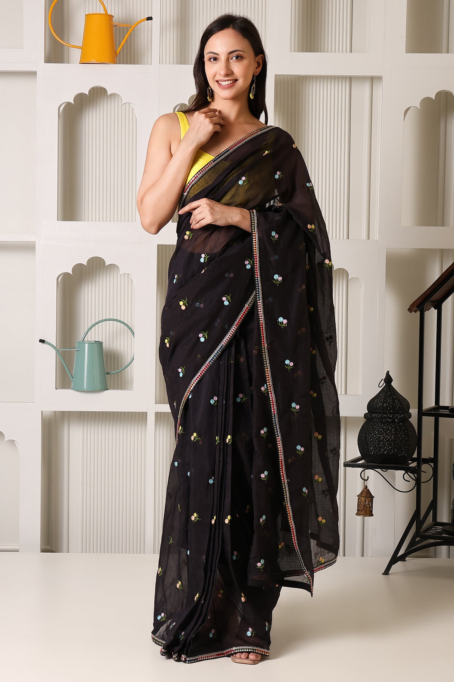 Black Mul Chanderi Pre-Stitched Saree With Pocket