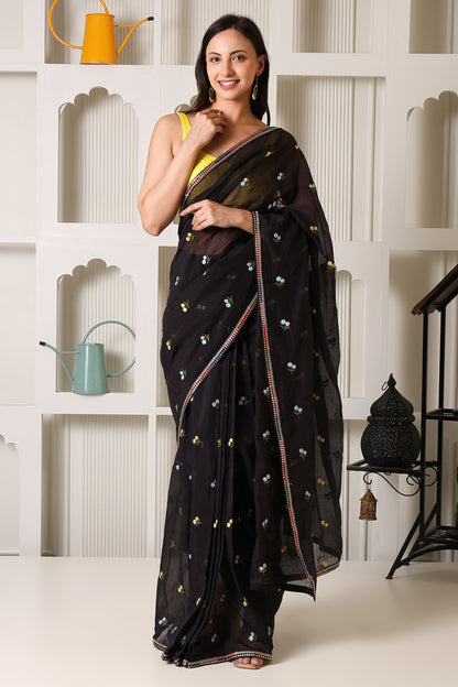 Black Mul Chanderi Pre-Stitched Saree With Pocket