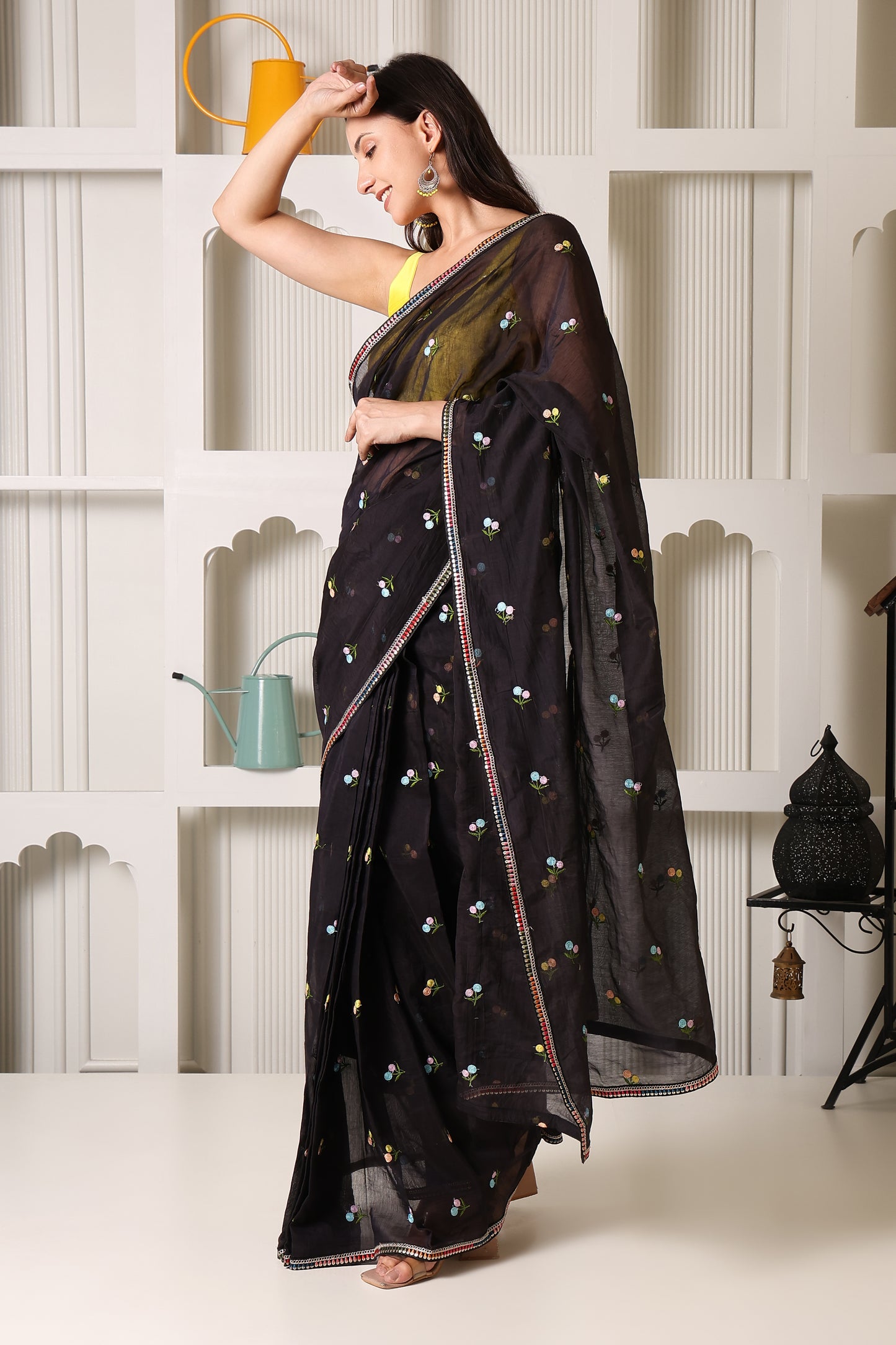Black Mul Chanderi Pre-Stitched Saree With Pocket
