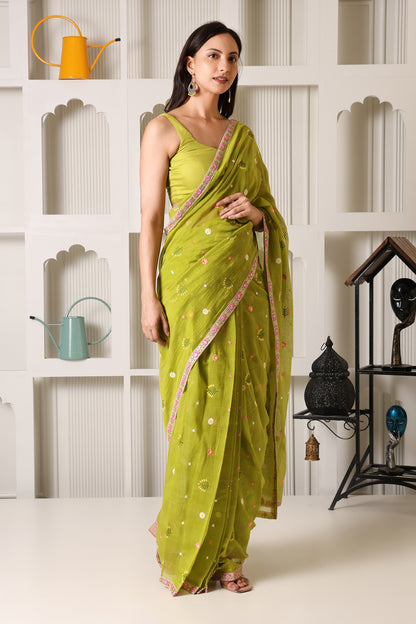 Lime Green Mul Chanderi Pre-Stitched Saree With Pocket