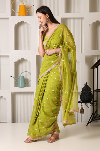Lime Green Mul Chanderi Pre-Stitched Saree With Pocket