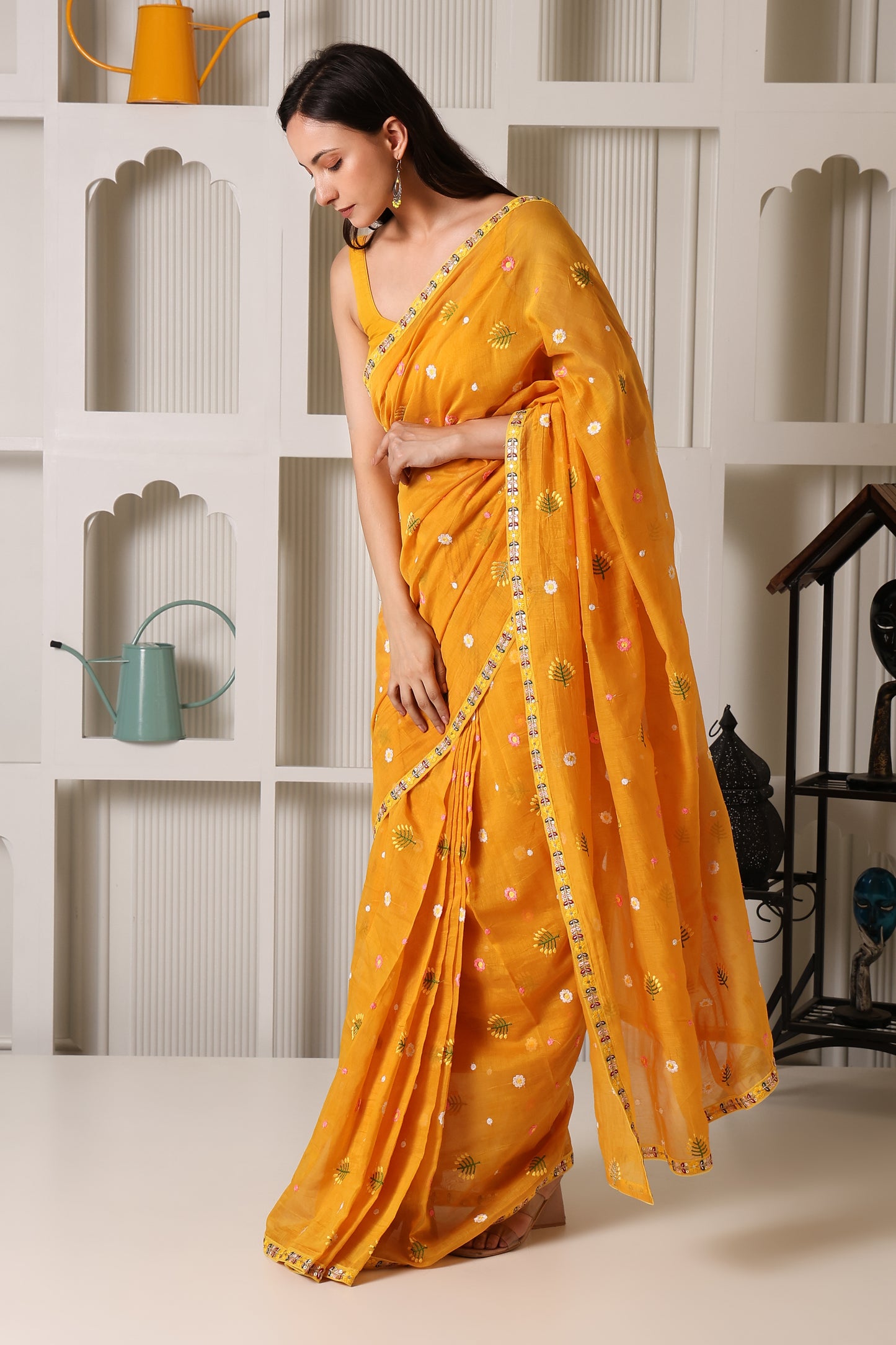 Mustard Yellow Mul Chanderi Pre-Stitched Saree With Pocket
