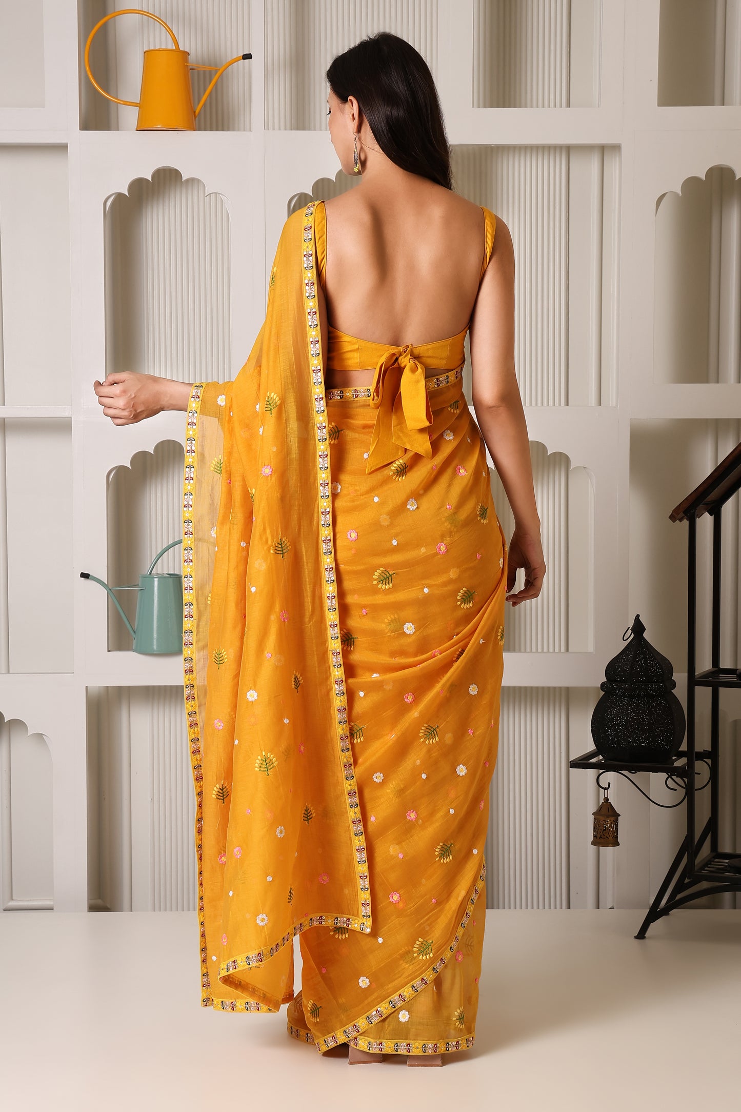 Mustard Yellow Mul Chanderi Pre-Stitched Saree With Pocket