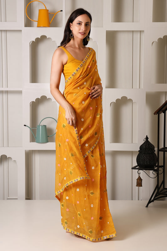 Mustard Yellow Mul Chanderi Pre-Stitched Saree With Pocket