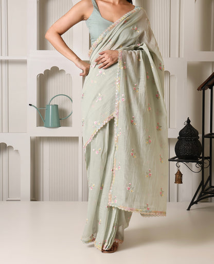 Sage Green Mul Chanderi Pre-Stitched Saree With Pocket