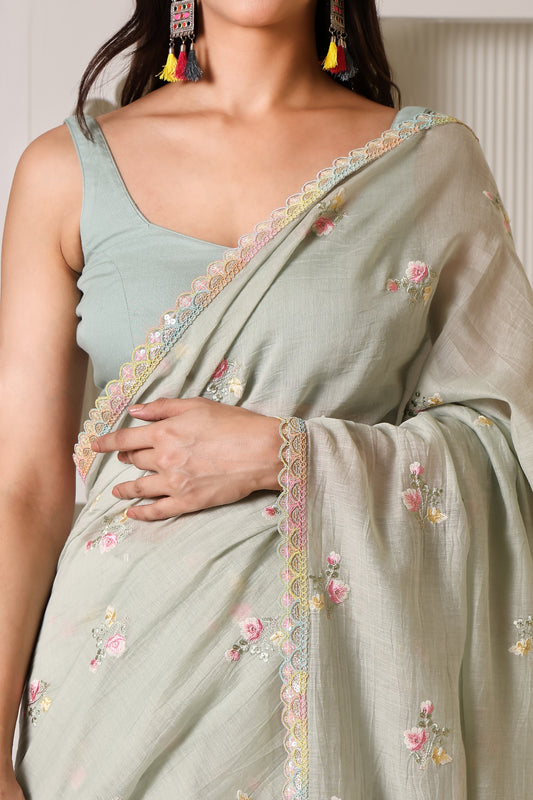 Sage Green Mul Chanderi Pre-Stitched Saree With Pocket