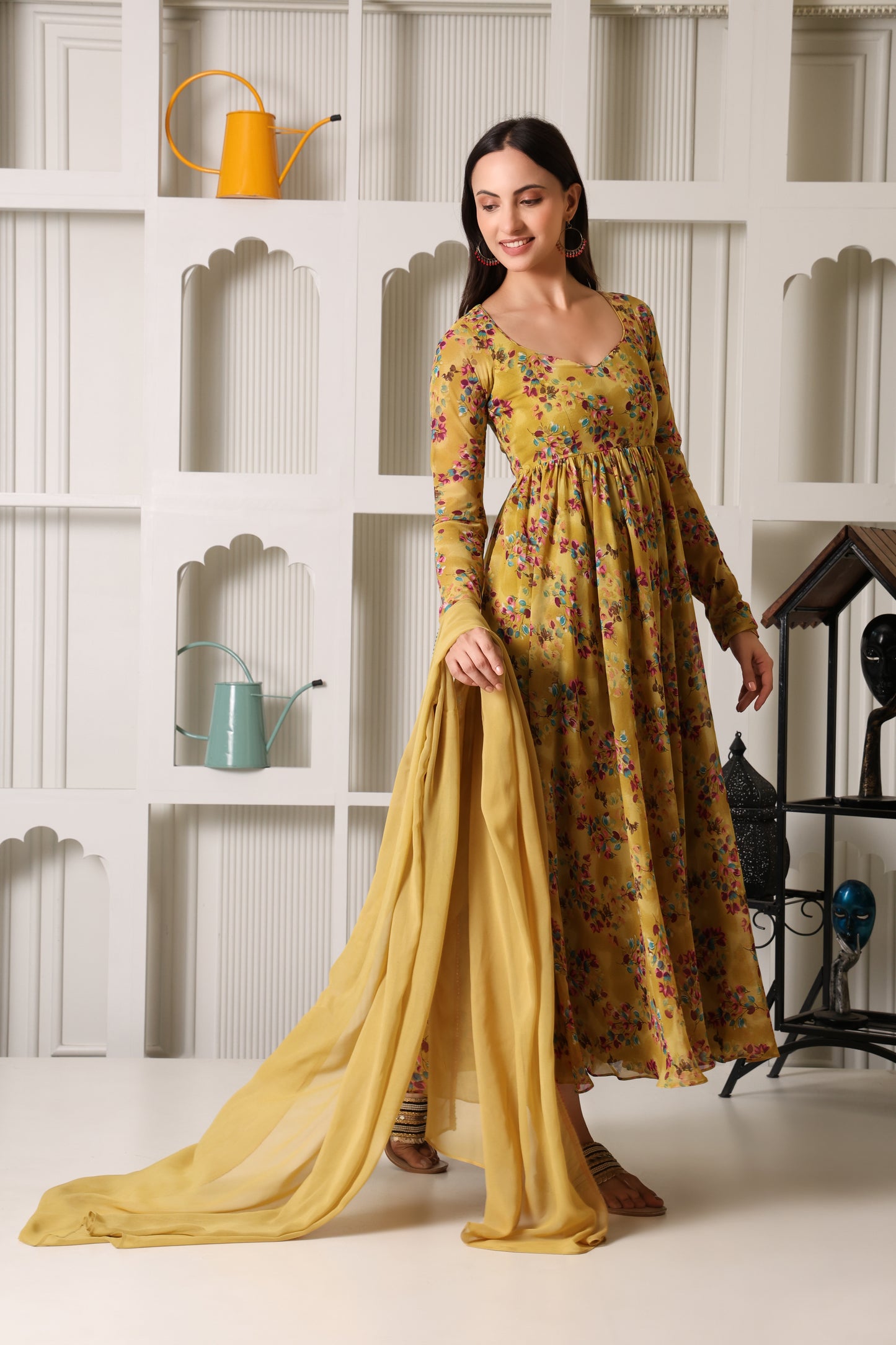 Mustard Floral Print Georgette Suit Set
