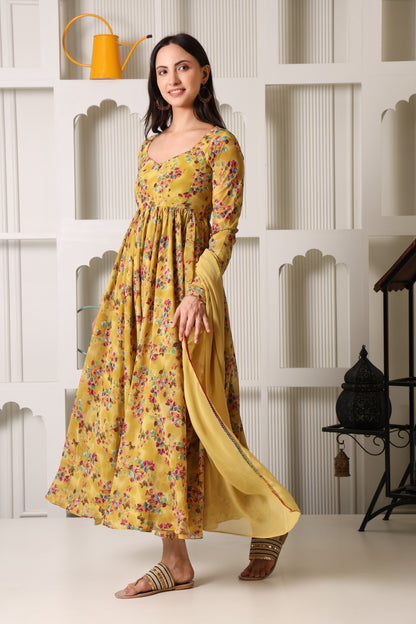 Mustard Floral Print Georgette Suit Set
