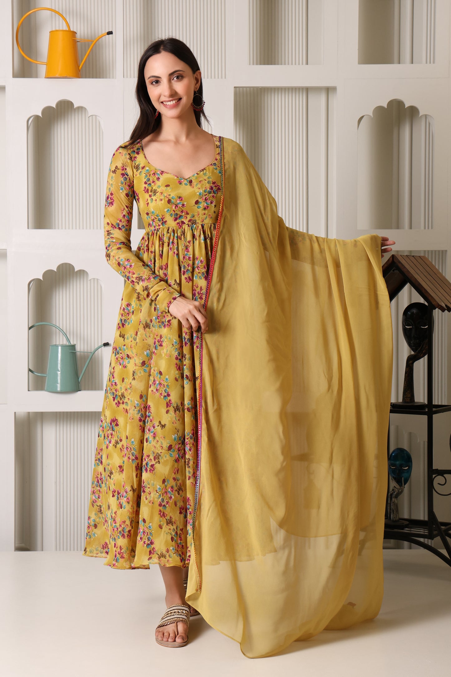 Mustard Floral Print Georgette Suit Set