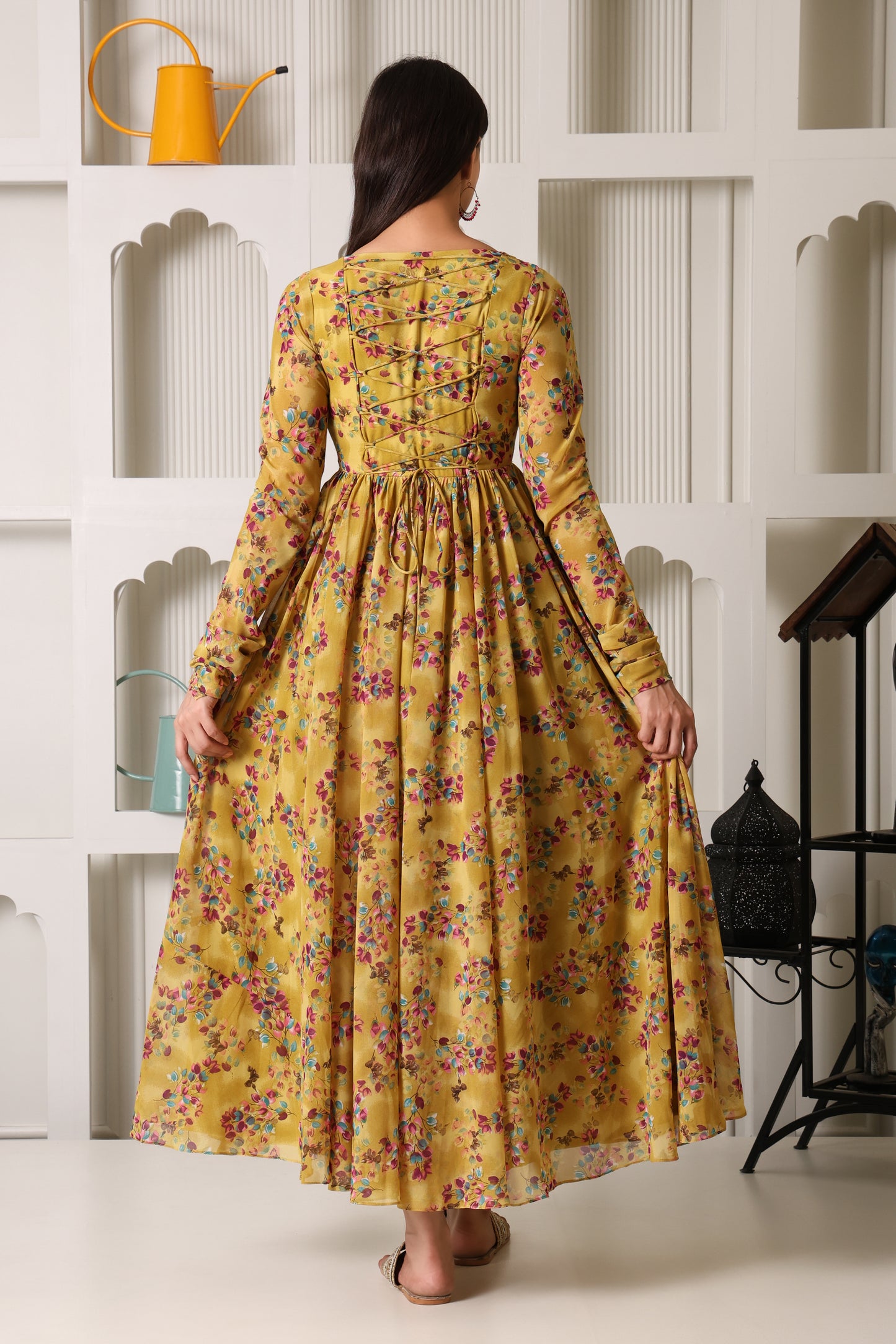 Mustard Floral Print Georgette Suit Set