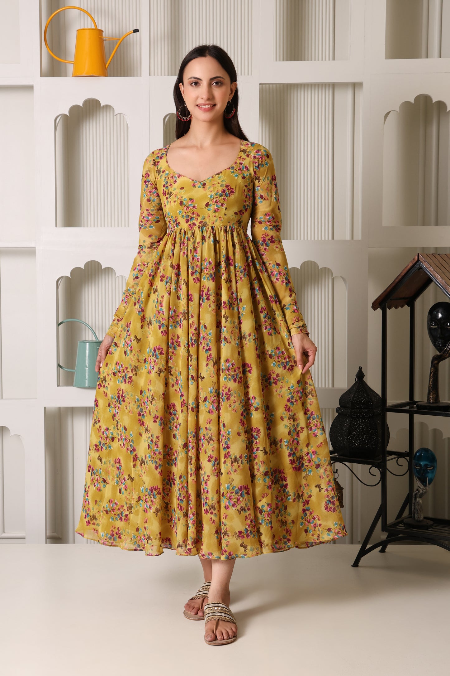 Mustard Floral Print Georgette Suit Set
