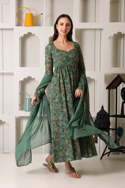 Green Floral Print Georgette Suit Set