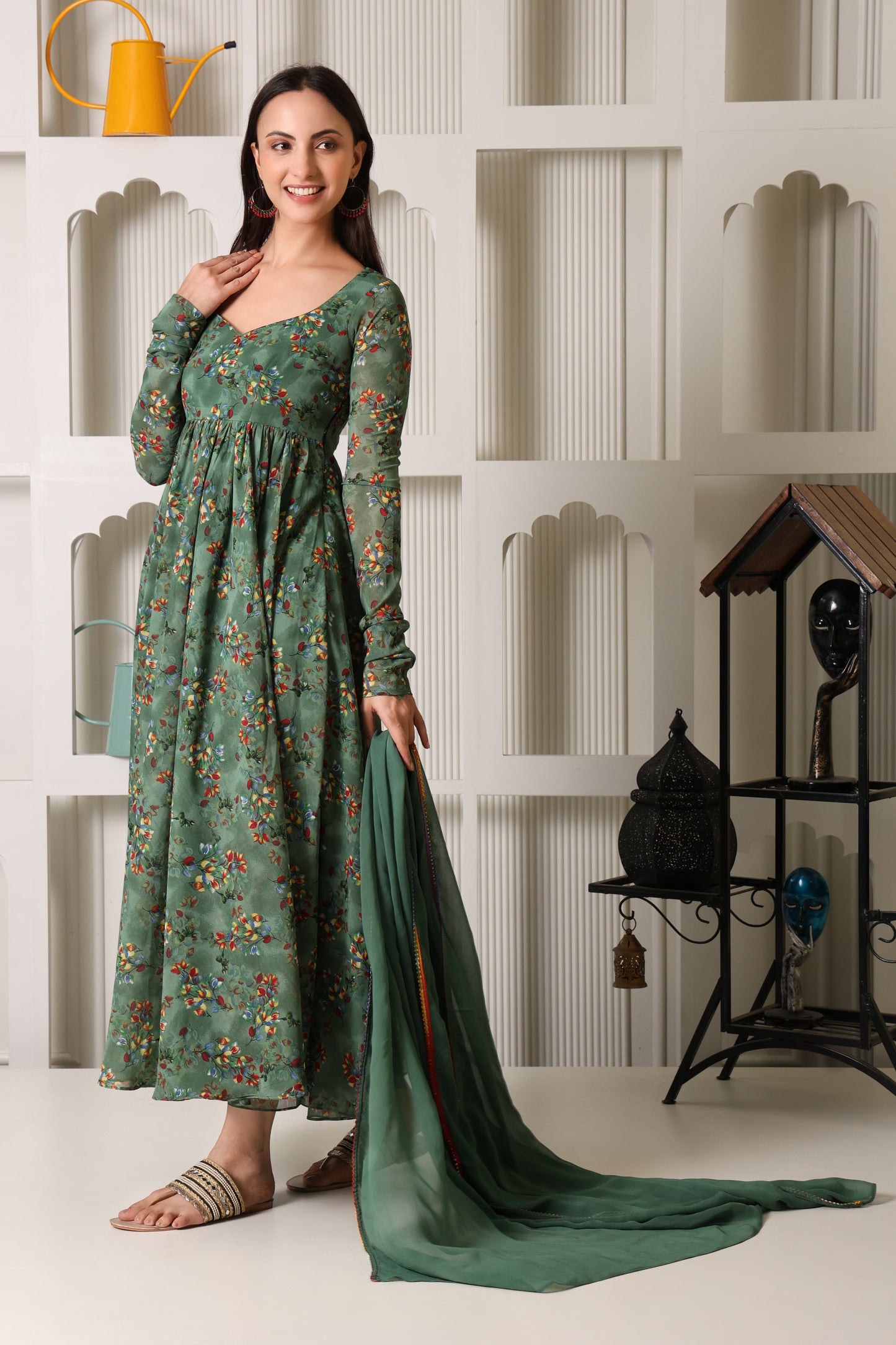 Green Floral Print Georgette Suit Set