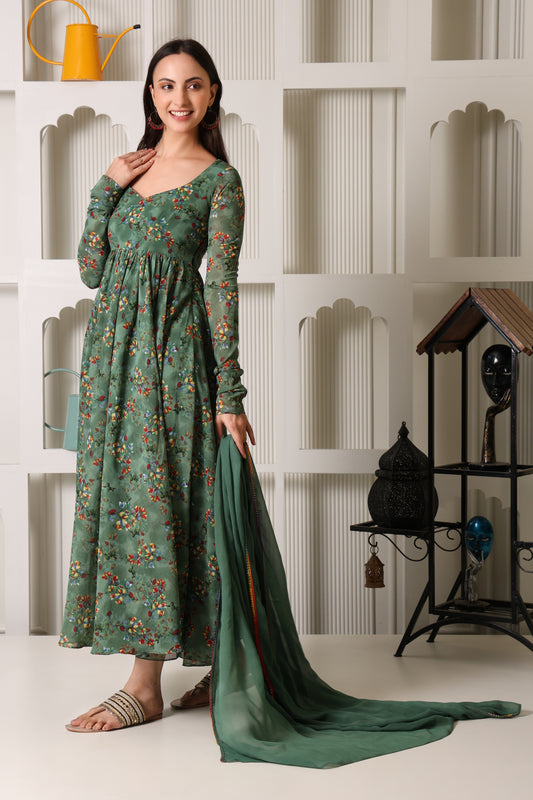 Green Floral Print Georgette Suit Set