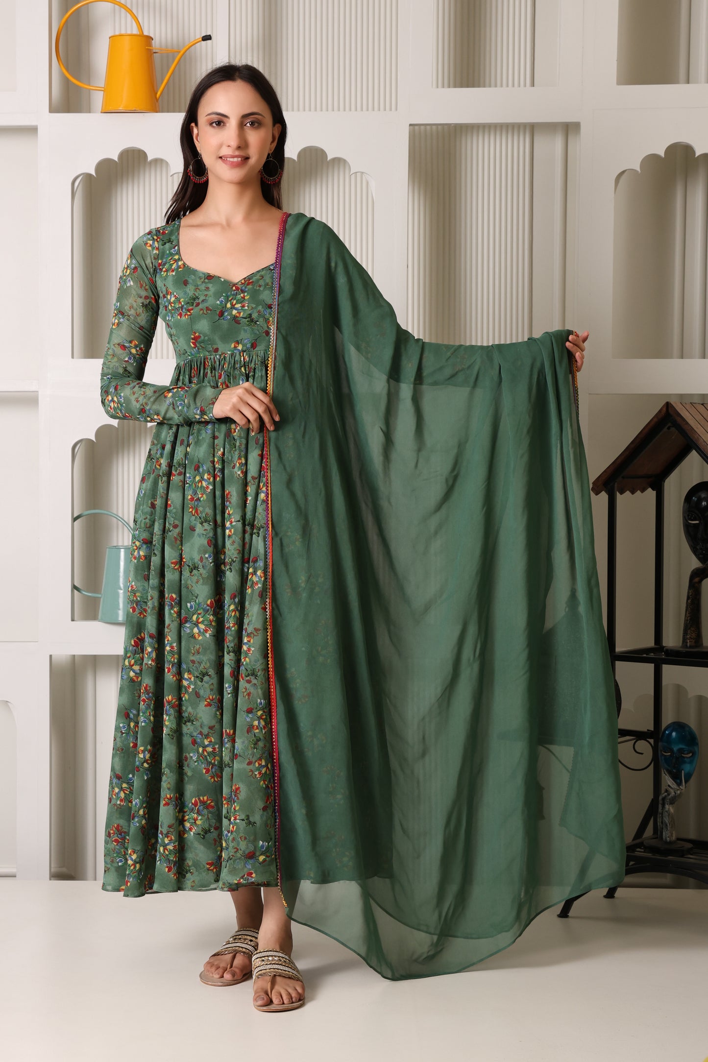 Green Floral Print Georgette Suit Set