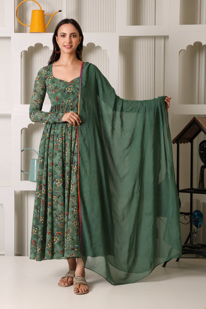 Green Floral Print Georgette Suit Set