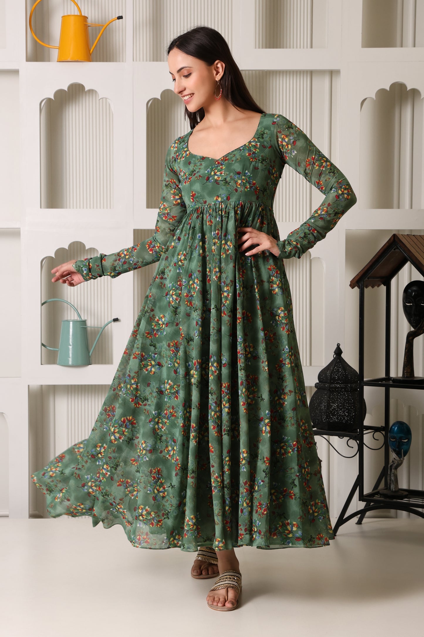 Green Floral Print Georgette Suit Set