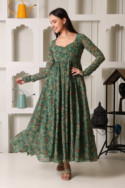 Green Floral Print Georgette Suit Set