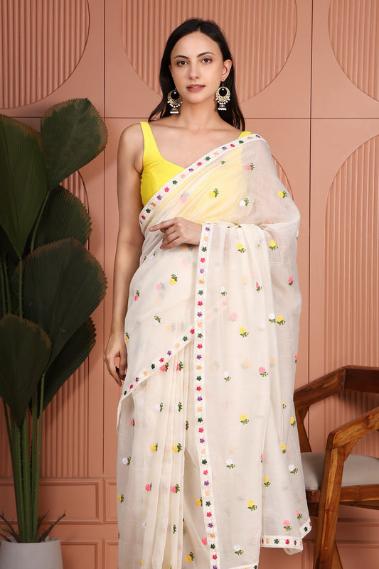 Colourful White Mul Chanderi Pre-Stitched Saree With Pocket
