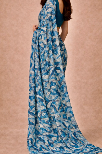 Blue Printed Georgette | Ready To Wear Saree