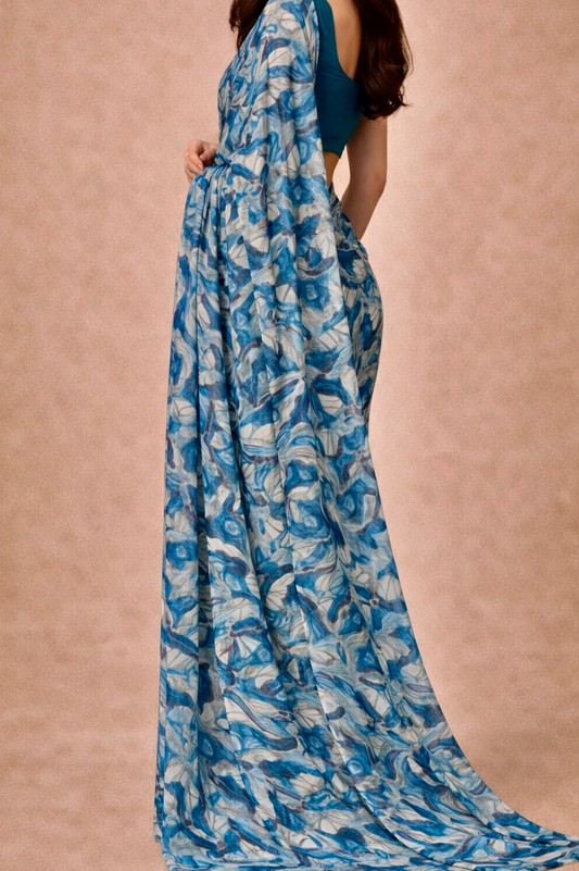 Blue Printed Georgette | Ready To Wear Saree