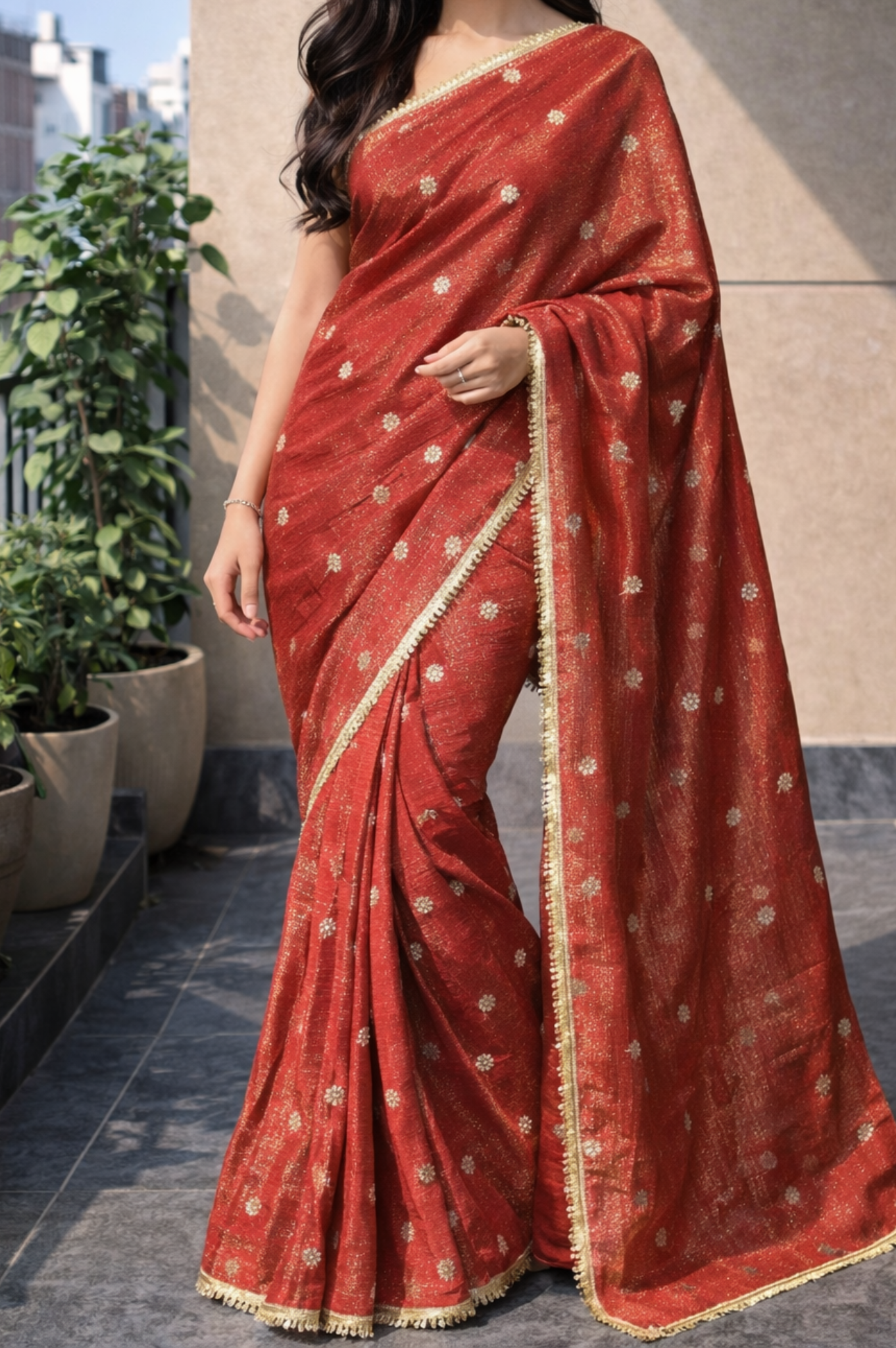 Gold Copper Soft Tissue | Ready To Wear Saree